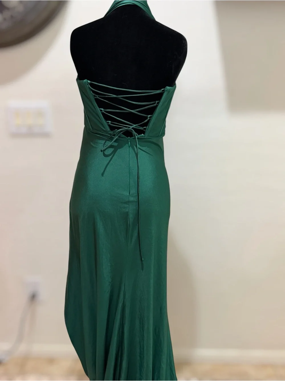 AOSHABABI Emerald Green Halter Corset Maxi Dress Lace Up Back Slit Formal Size S - Picture 2 of 5